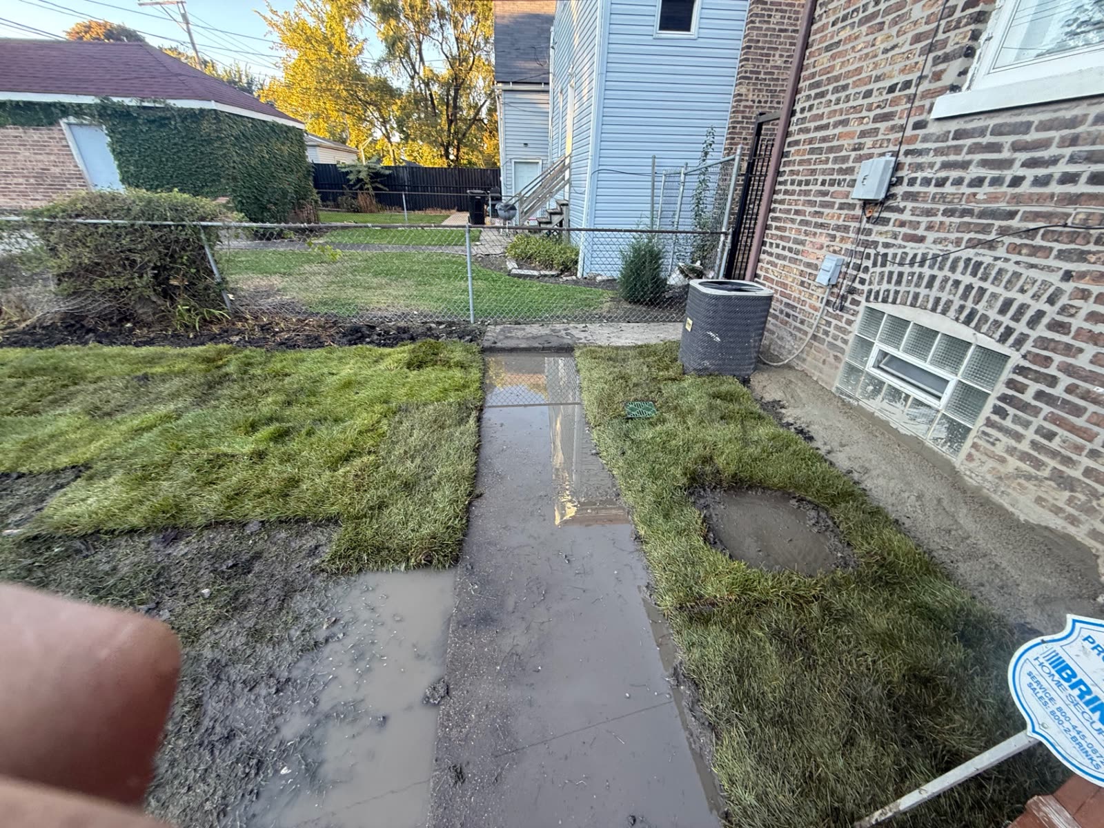 Fresh sod laid along a side walkway