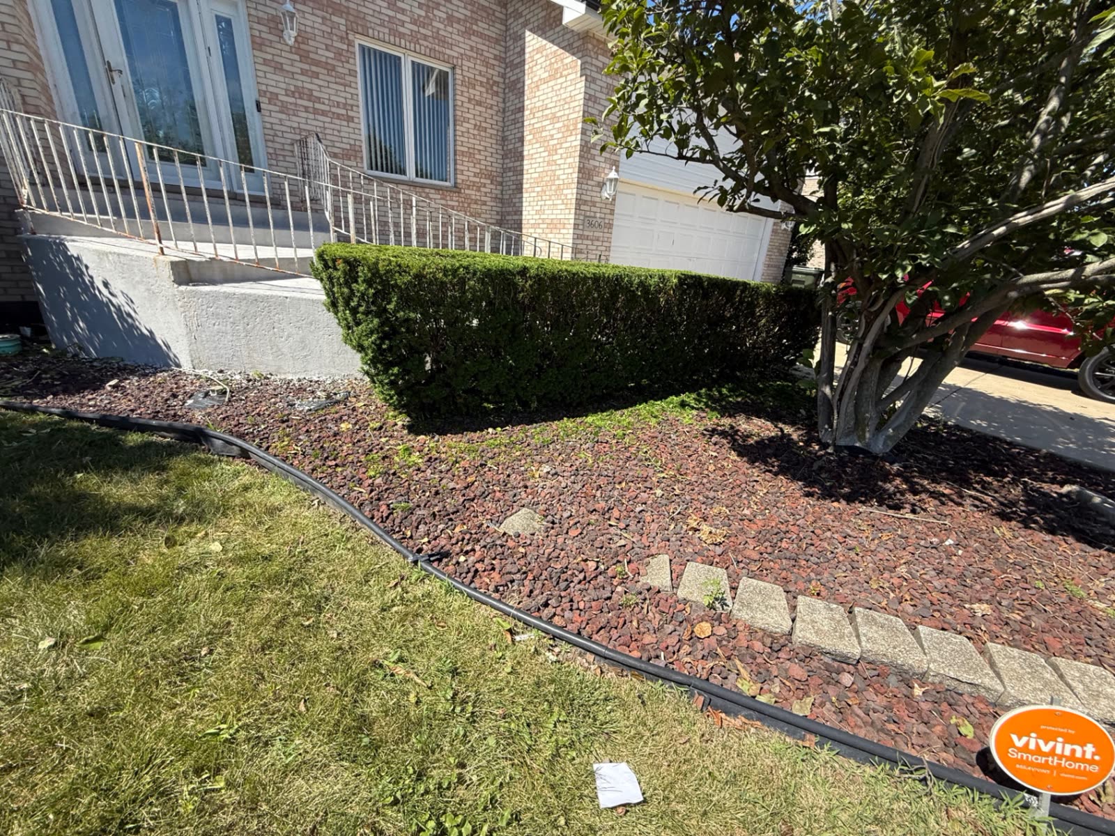 Trimmed evergreen hedges with a red rock bed