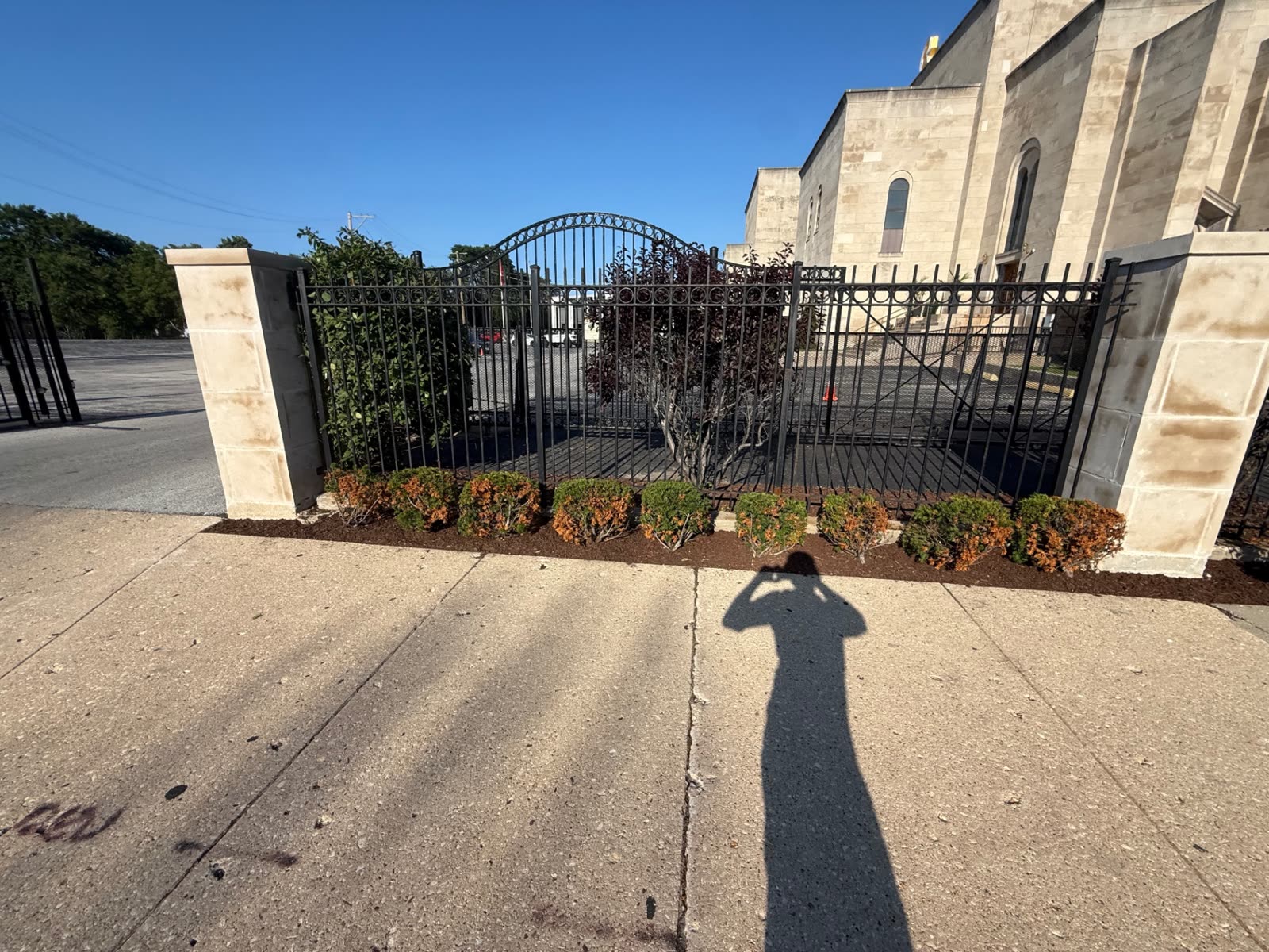 Entry gate plantings and trimmed hedges