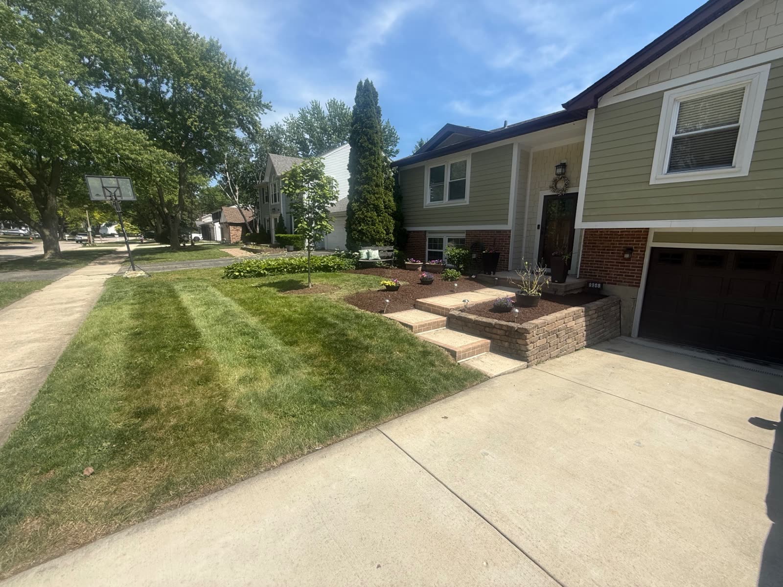 Front yard landscape with mulch beds and paver walkway